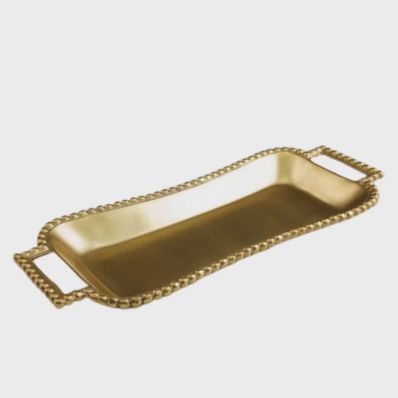 Gold Beaded Rectangle Tray with Handles