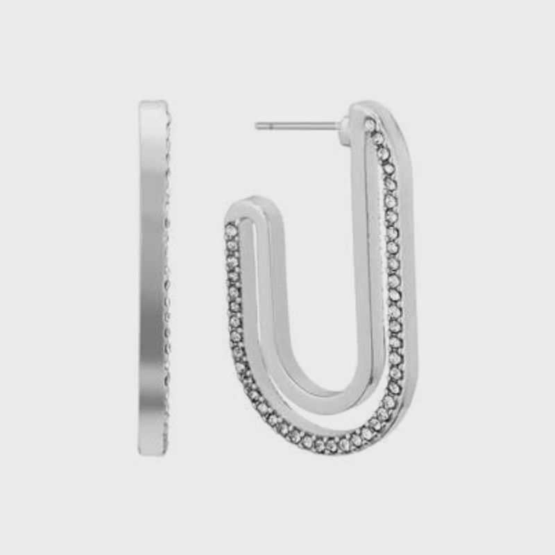 Silver Oval Hoop Earrings with Rhinestones