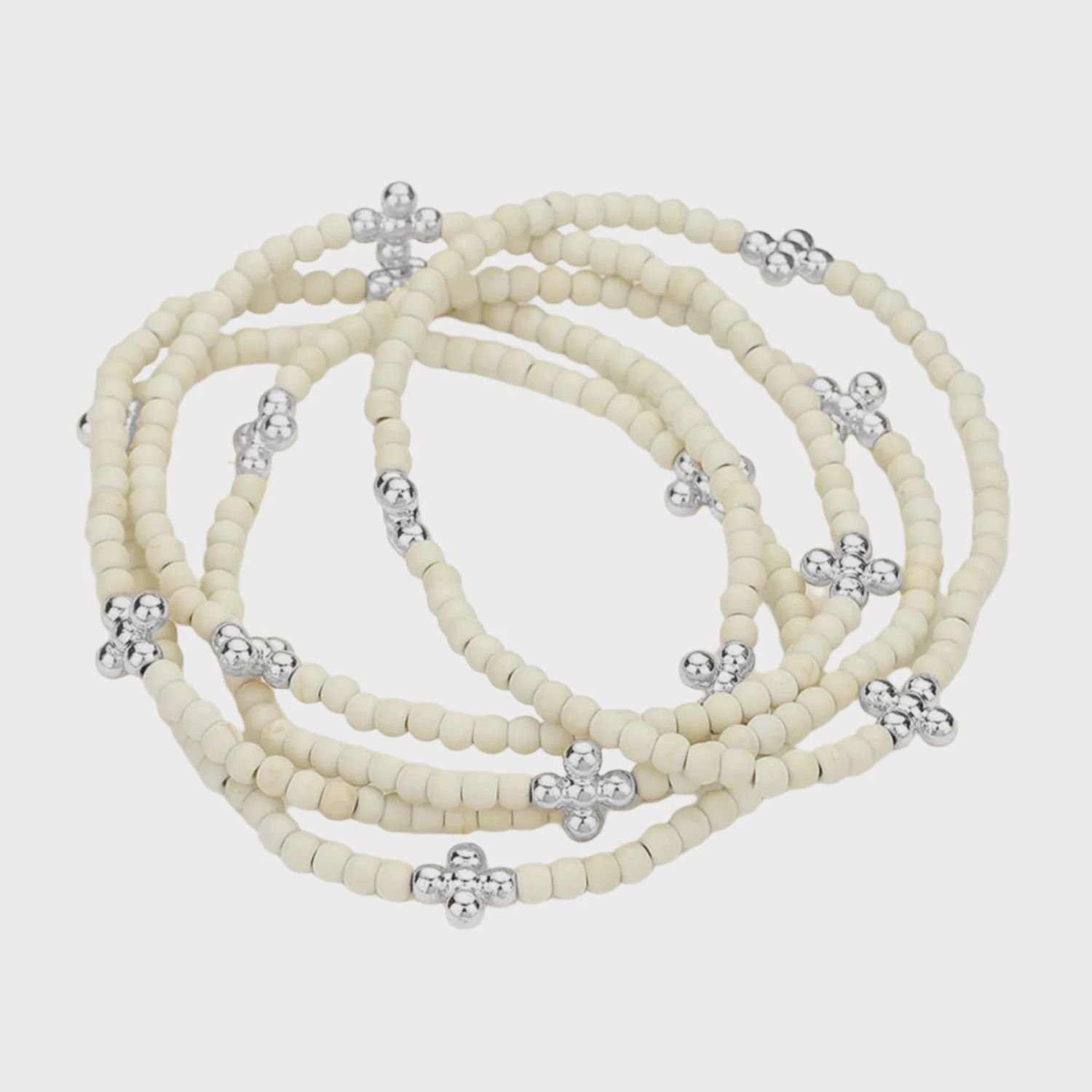 Natural Silver Metal Bubble Flower Stretch Multi Layered Bracelets | Set of 5