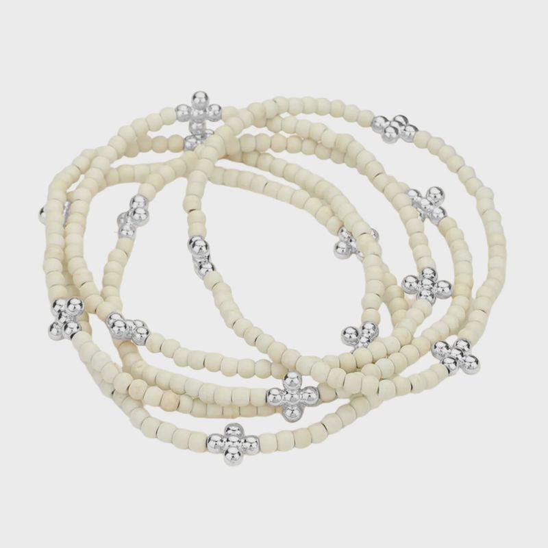 Natural Silver Metal Bubble Flower Stretch Multi Layered Bracelets | Set of 5