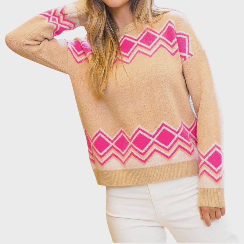 Knit Crewneck Sweater | Beige &amp; Pink