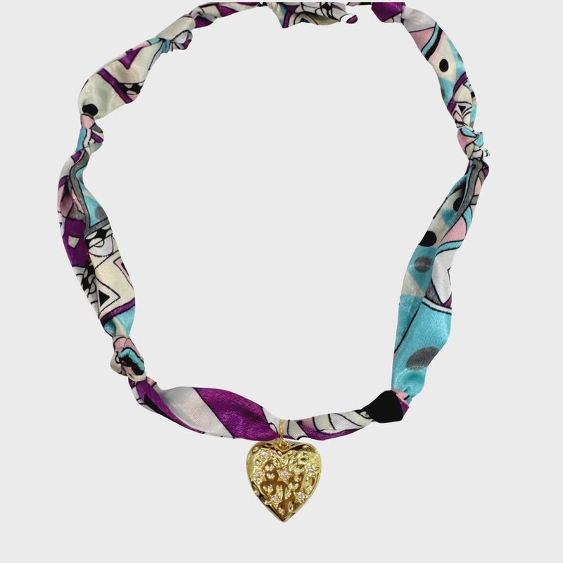 Scarf Bandana Charm Necklace | CZ Heart – Purple Blue Abstract