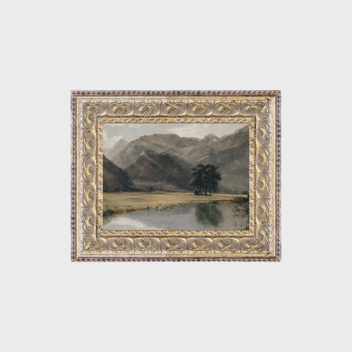 River Mountainscape Framed Antique Art: 7x5