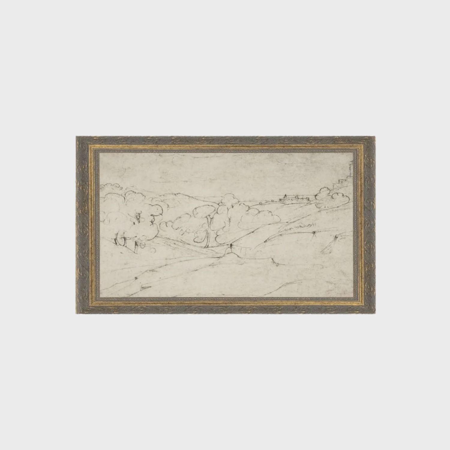 Rolling Hills Sketch Framed Antique Art: 12x7