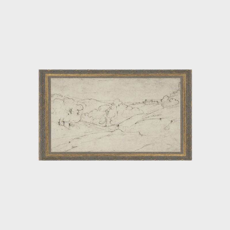 Rolling Hills Sketch Framed Antique Art: 12x7