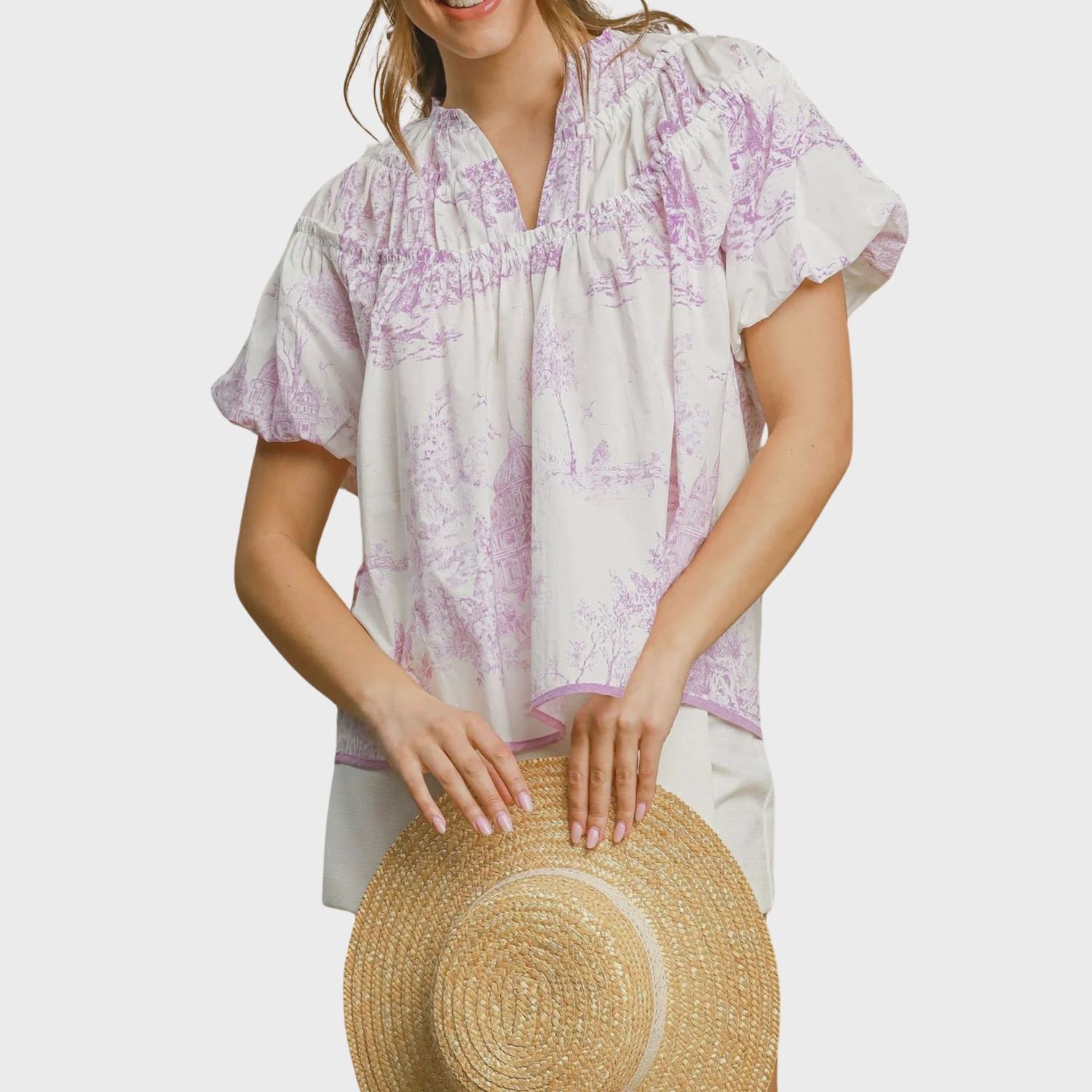 Toile Print with Shirring Detail | Lavender