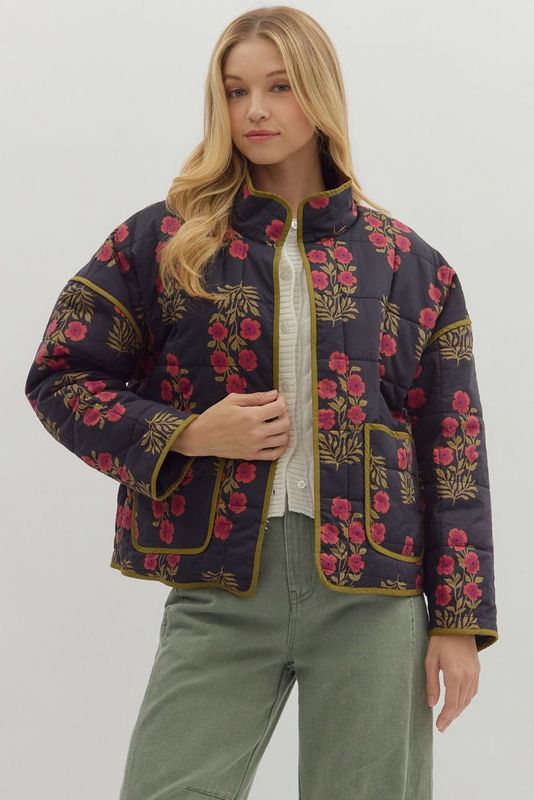 Floral Block Print Quilted Jacket – Black &amp; Berry