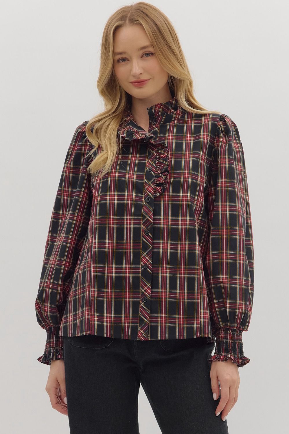Ruffle Trim Plaid Blouse – Black &amp; Red
