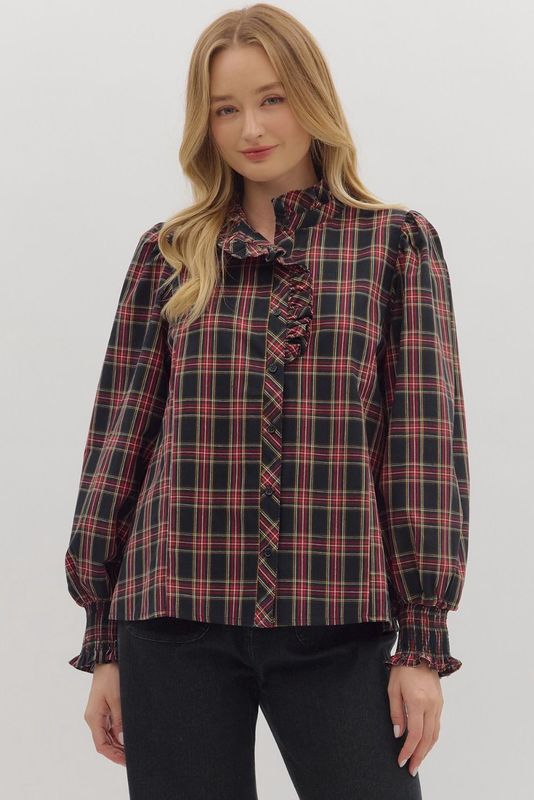 Ruffle Trim Plaid Blouse – Black &amp; Red