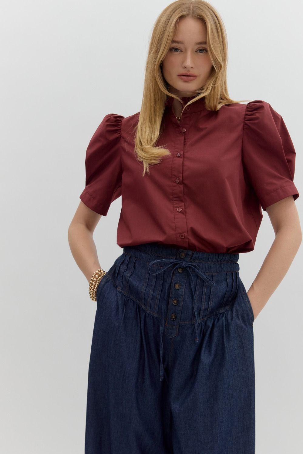Puff Sleeve Button-Down Blouse with Ruffle Neck – Maroon or Black
