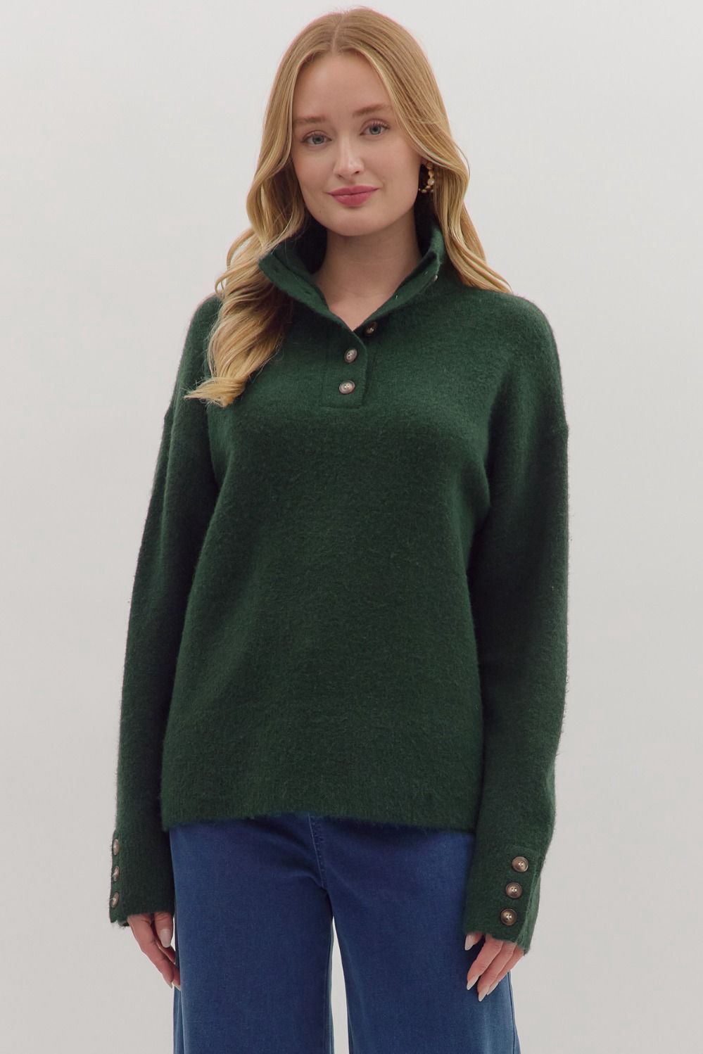 Cozy Button Mock Neck Pullover – Forest Green or Taupe