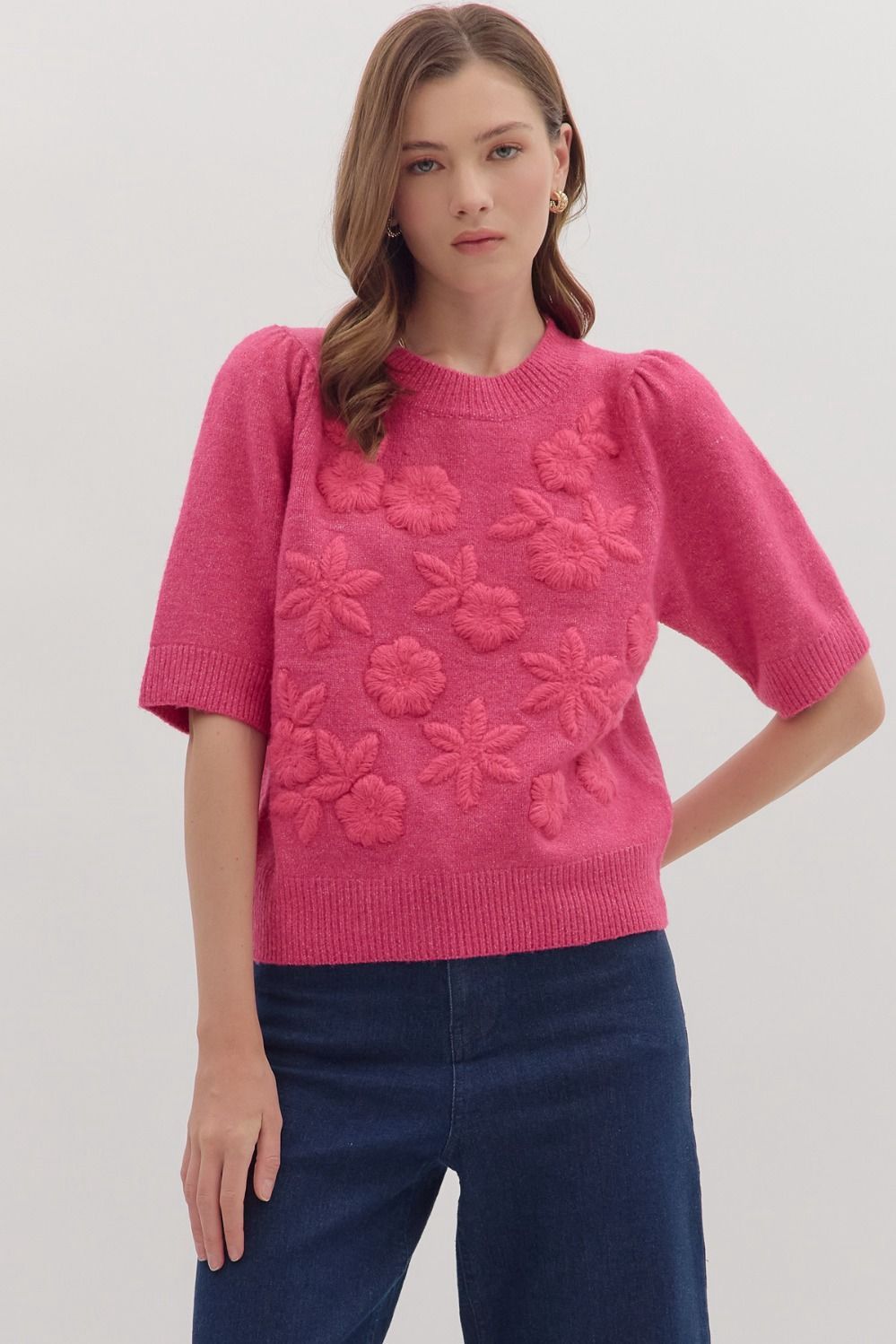 Textured Floral Puff Sleeve Sweater – Hot Pink and Oatmeal