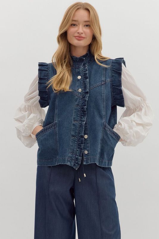 Ruffle Trim Denim Vest – Medium Wash