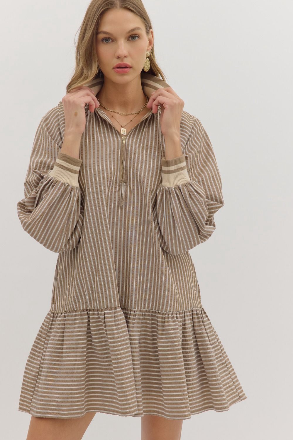 Striped Quarter-Zip Pullover Dress – Mocha &amp; Ivory