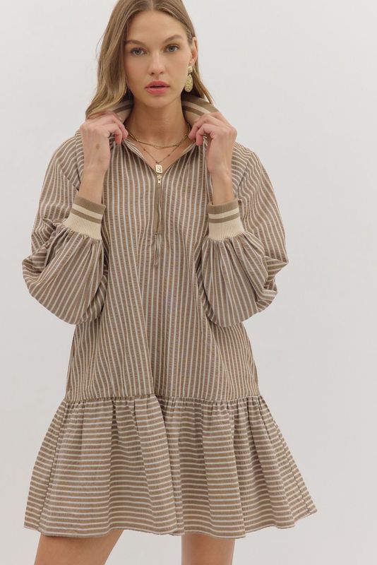 Striped Quarter-Zip Pullover Dress – Mocha &amp; Ivory