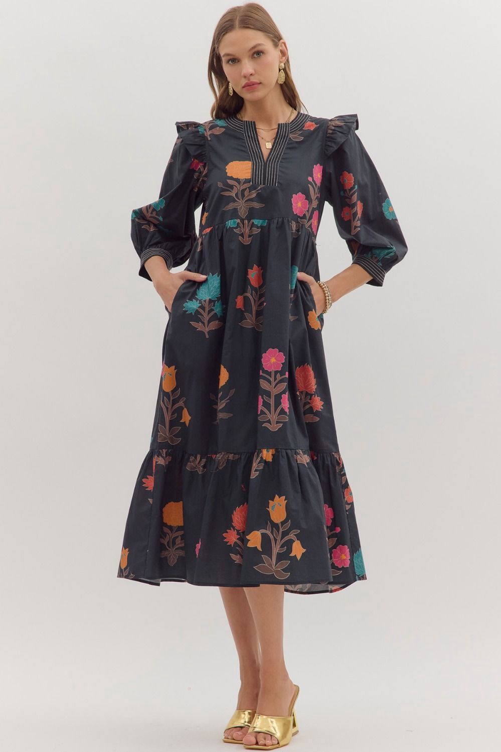 Floral Print Tiered Midi Dress – Black Multi