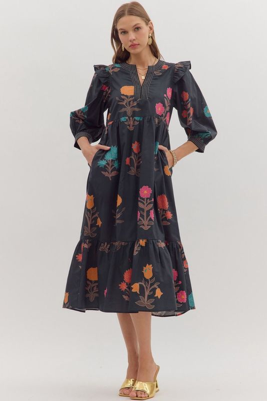 Floral Print Tiered Midi Dress – Black Multi