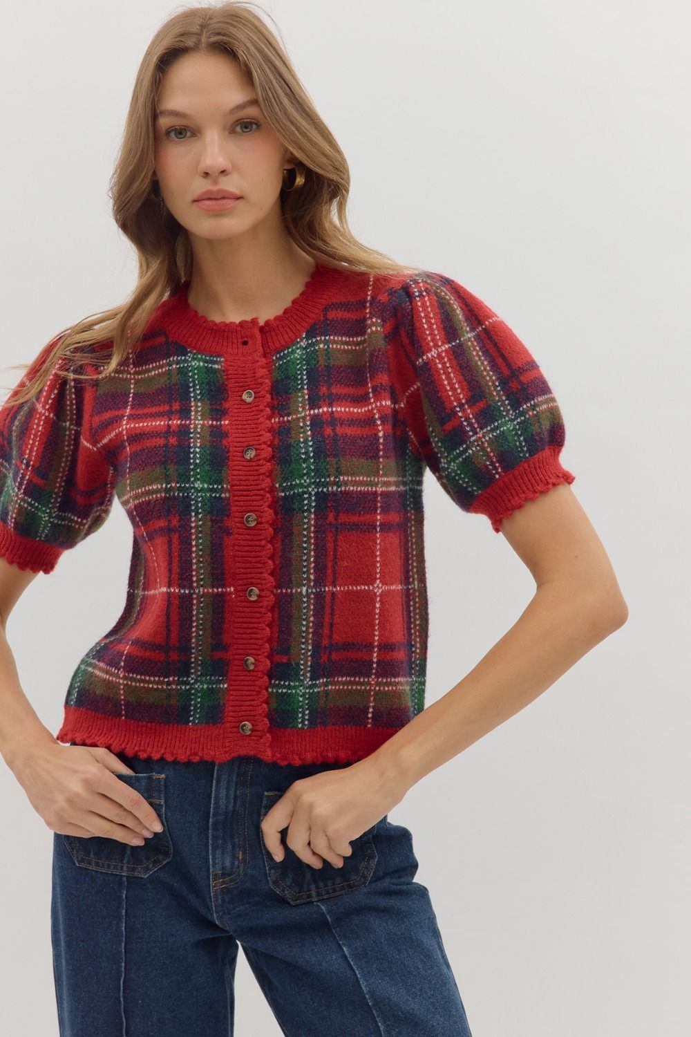 Plaid Puff Sleeve Knit Cardigan – Red &amp; Green