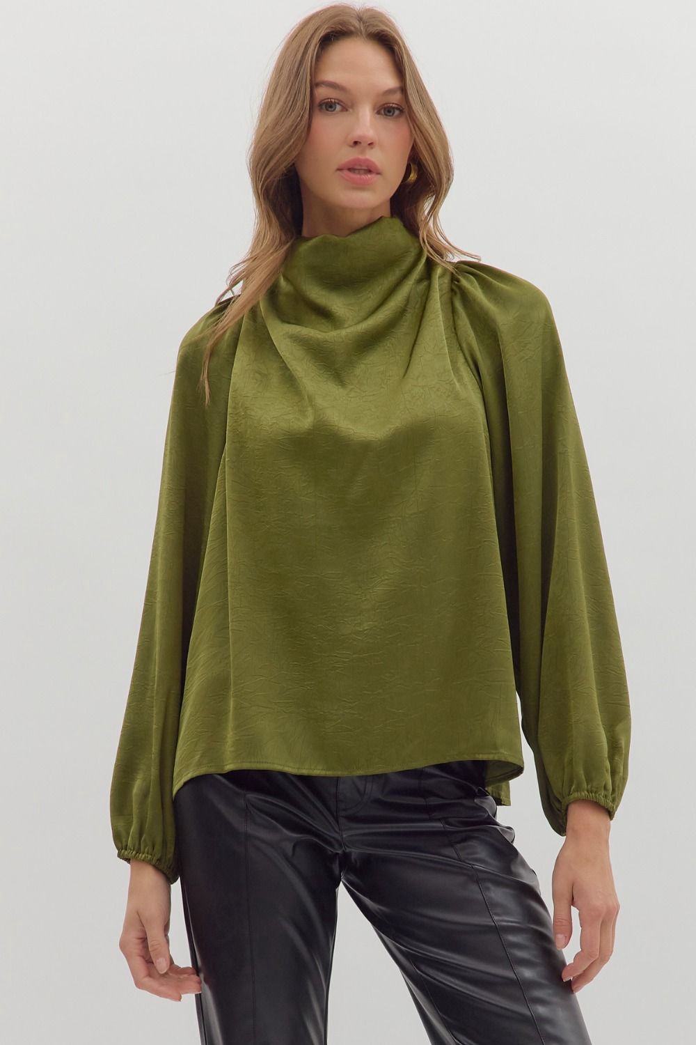 Satin Drape Neck Blouse – Olive Green