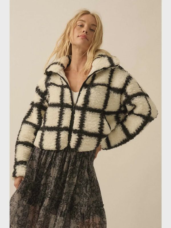 Check-Print Fleece Zip-Up Pocket Jacket