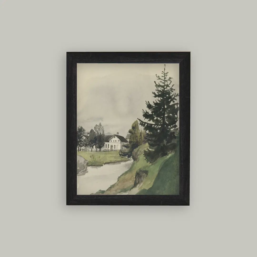 Muted Watercolor Lakeside Framed Antique Art: 7x9