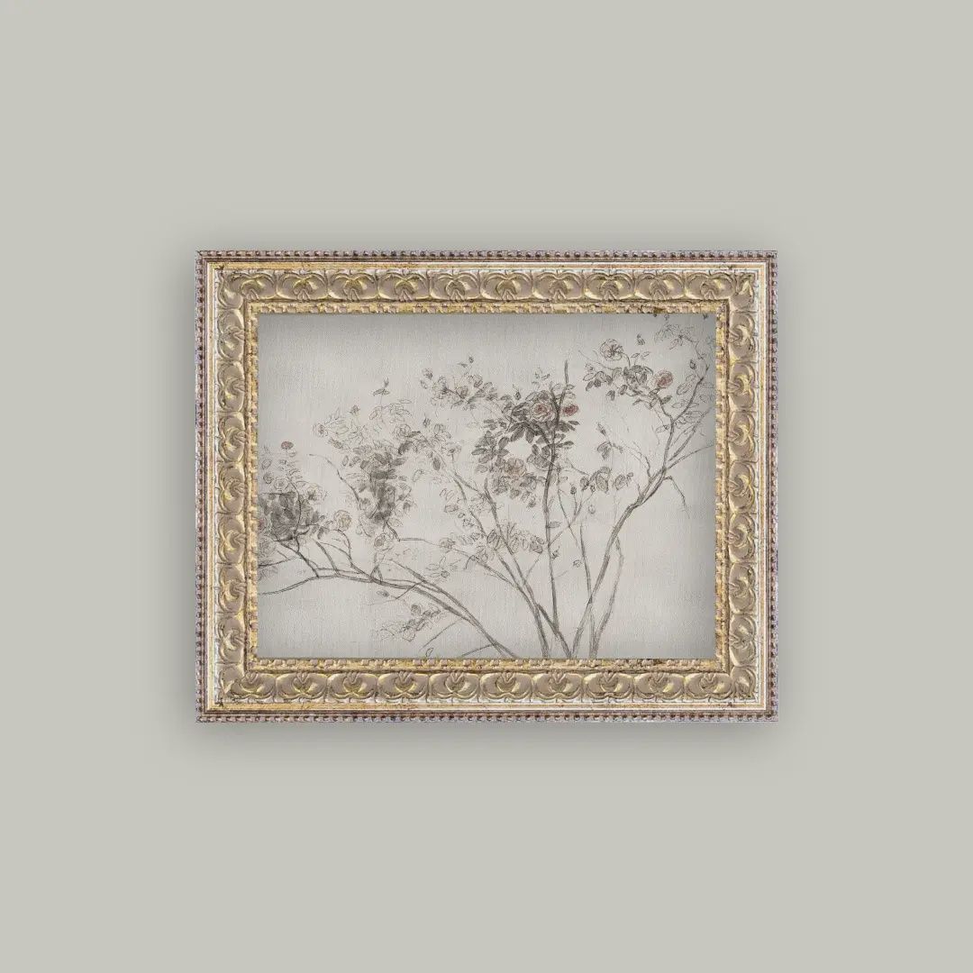 Rose Bush Framed Antique Art: 10x8