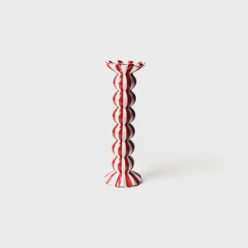 Red Stripe Large Ruffle Knobbed Candle Holder