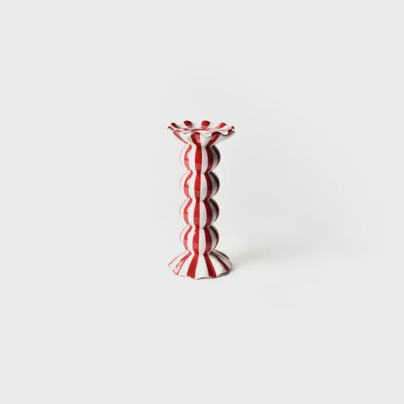 Red Stripe Medium Ruffle Knobbed Candle Holder