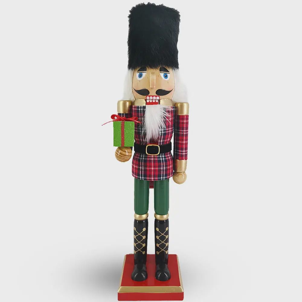 Soldier Nutcracker in Red and Green Plaid with Black Fur Hat