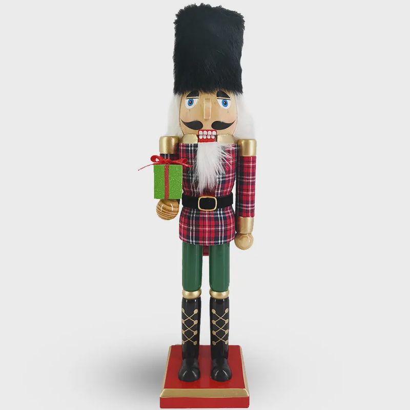 Soldier Nutcracker in Red and Green Plaid with Black Fur Hat
