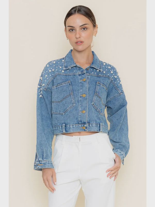 Pearl Shoudler Denim Jean Cropped Jakcet