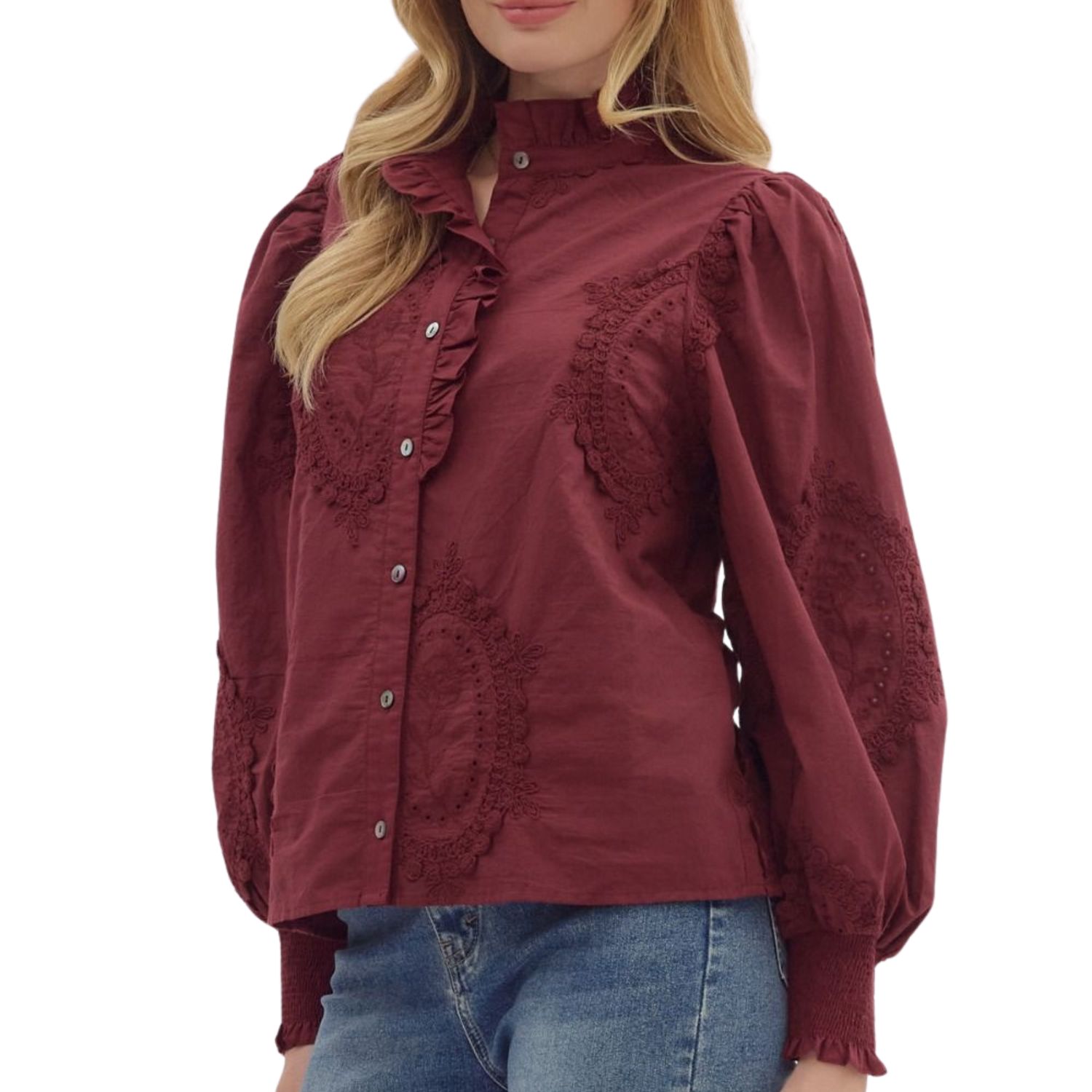 Burgundy Embroidered Ruffle Blouse