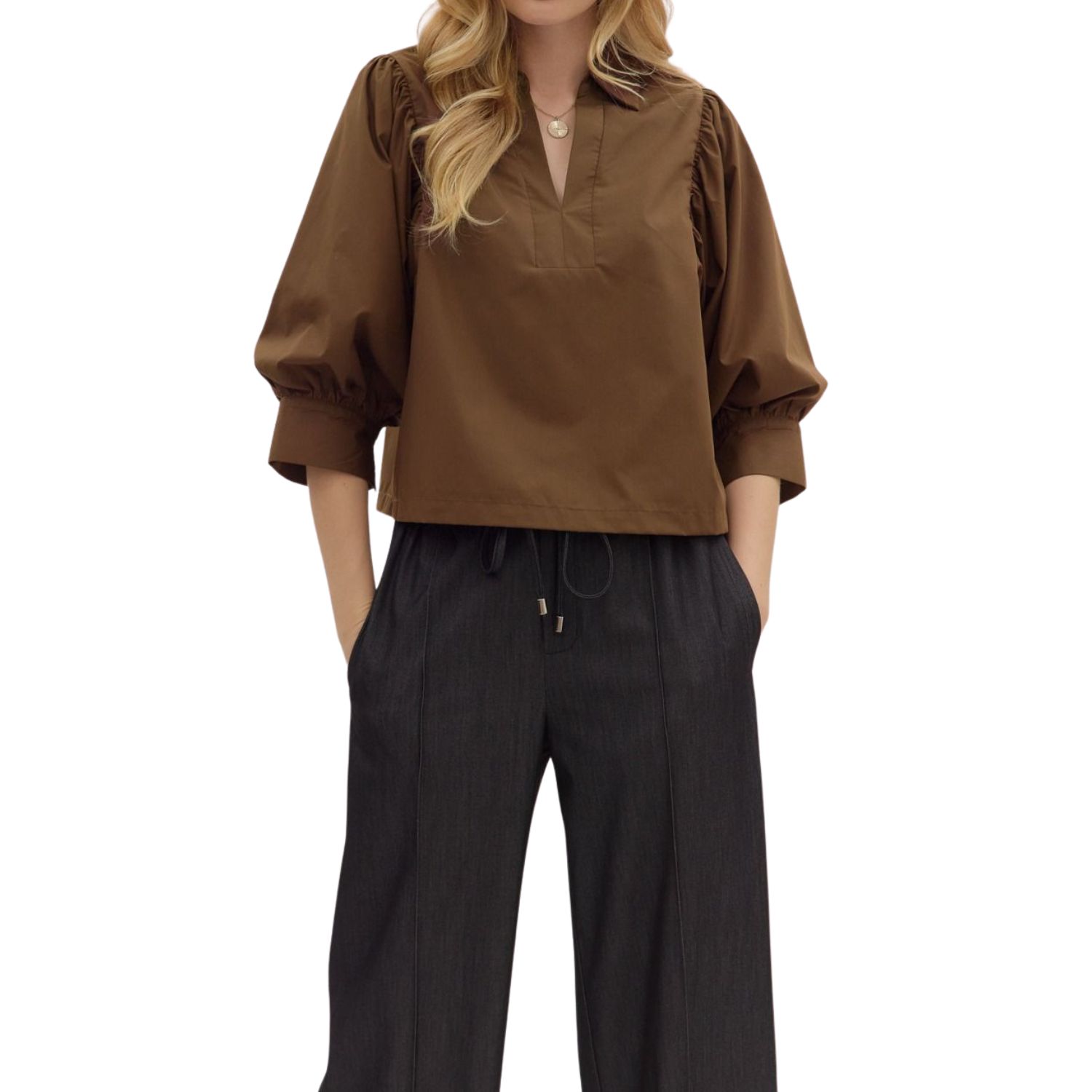 Chestnut Puff Sleeve Popover Blouse