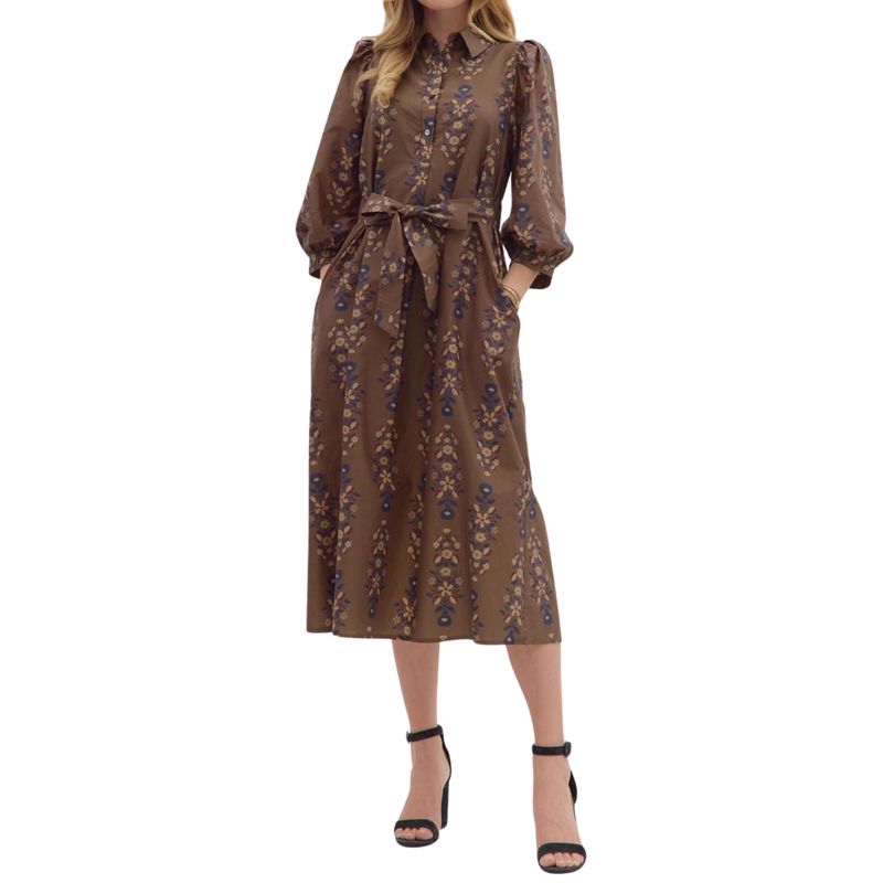 Vintage Floral Belted Midi Shirt Dress | Mocha