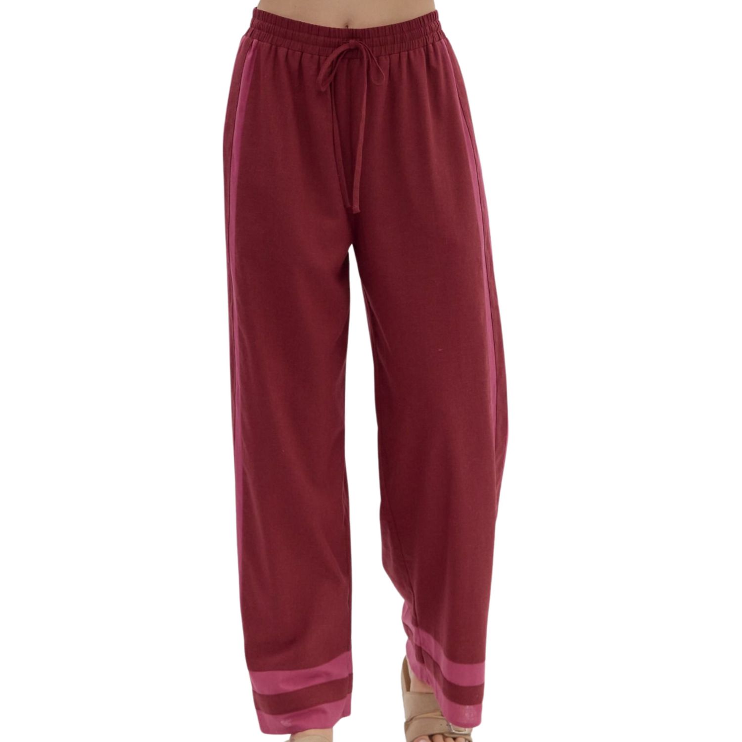 Contrast Trim Wide Leg Pants | Burgundy