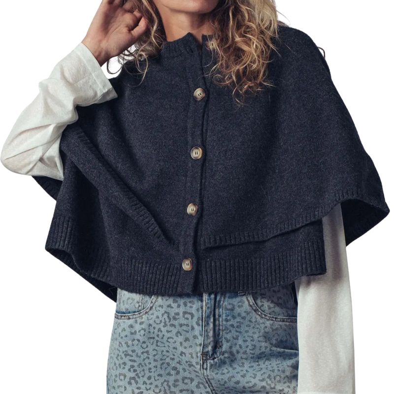 Wool Blend Button-Front Sweater Cape