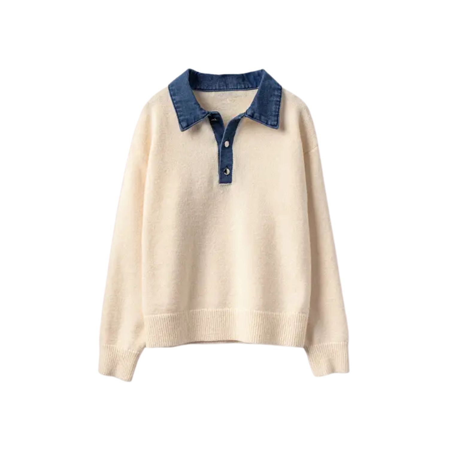 Denim Collar Contrast Button Knit Pullover