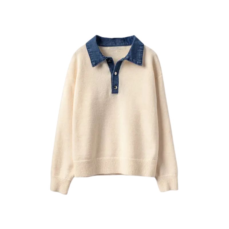 Denim Collar Contrast Button Knit Pullover