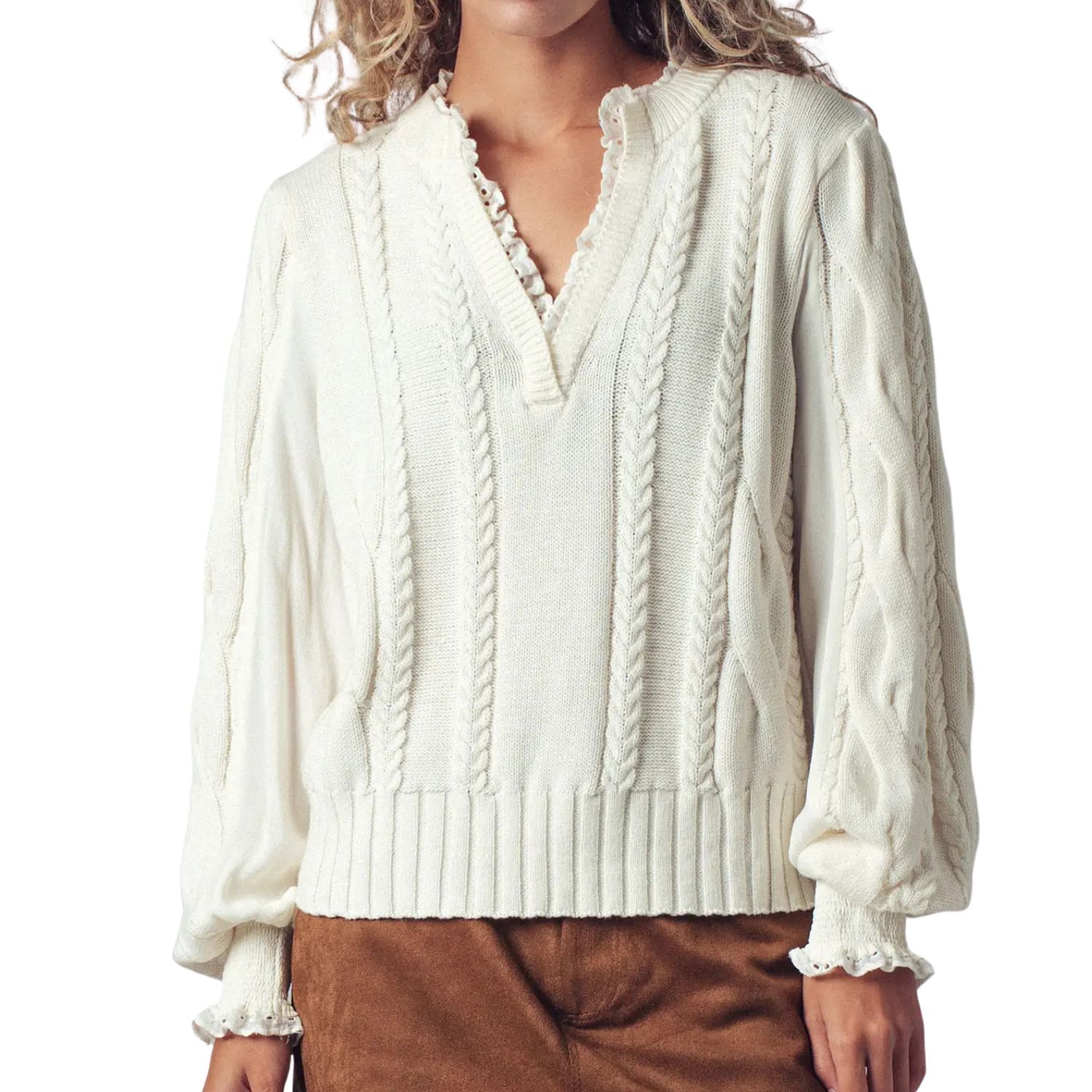 Lace Trim Cable Knit Pullover Sweater