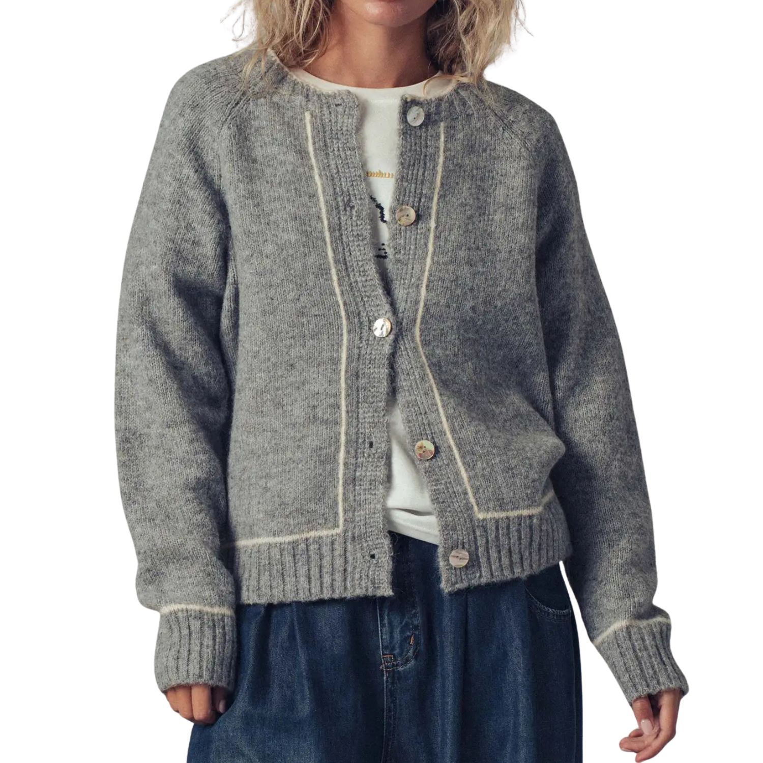 Contrast Trim Boho Knit Button Cardigan, Size: Medium/Large
