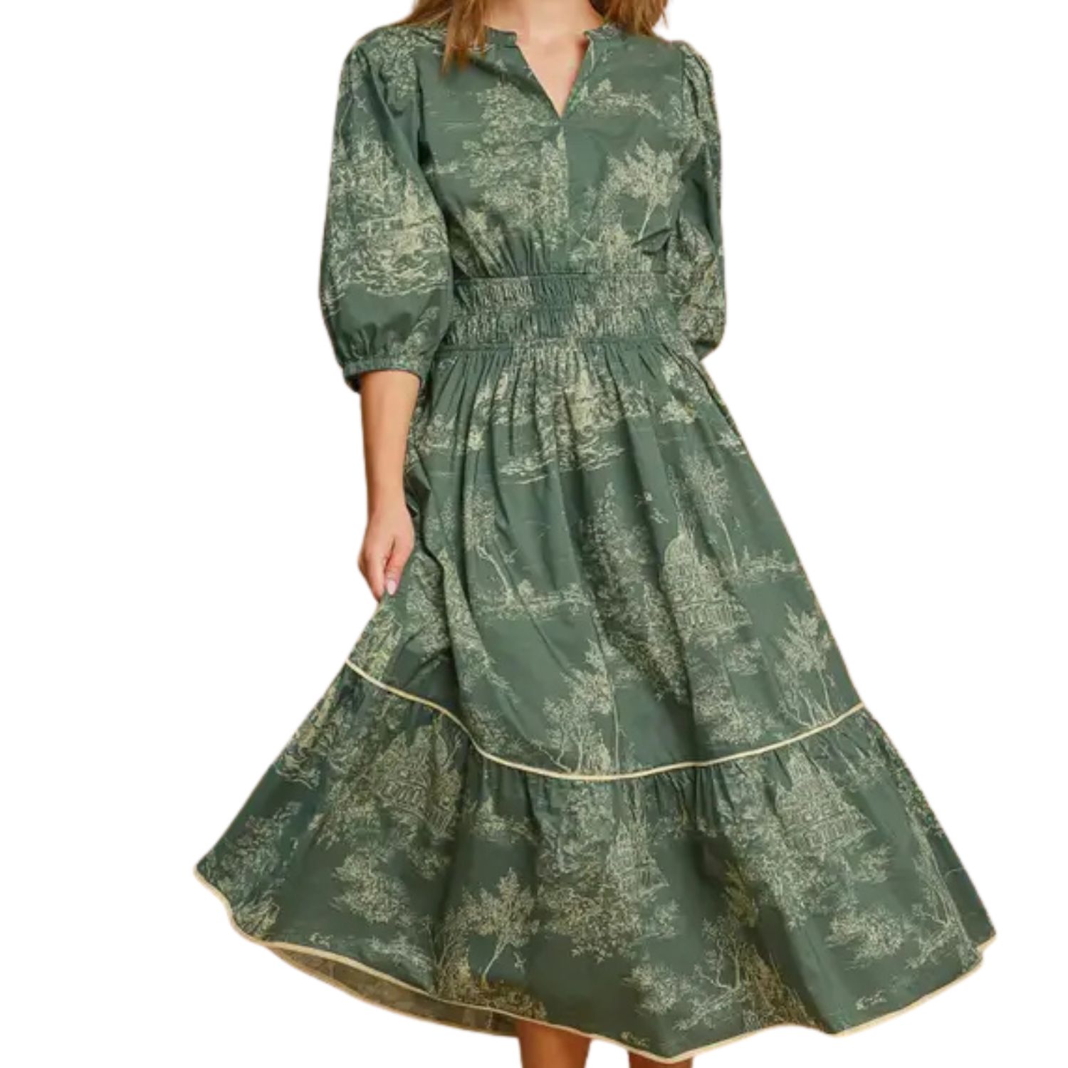 Toile Print Tiered Midi Dress