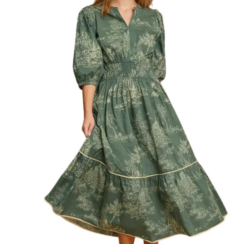 Toile Print Tiered Midi Dress