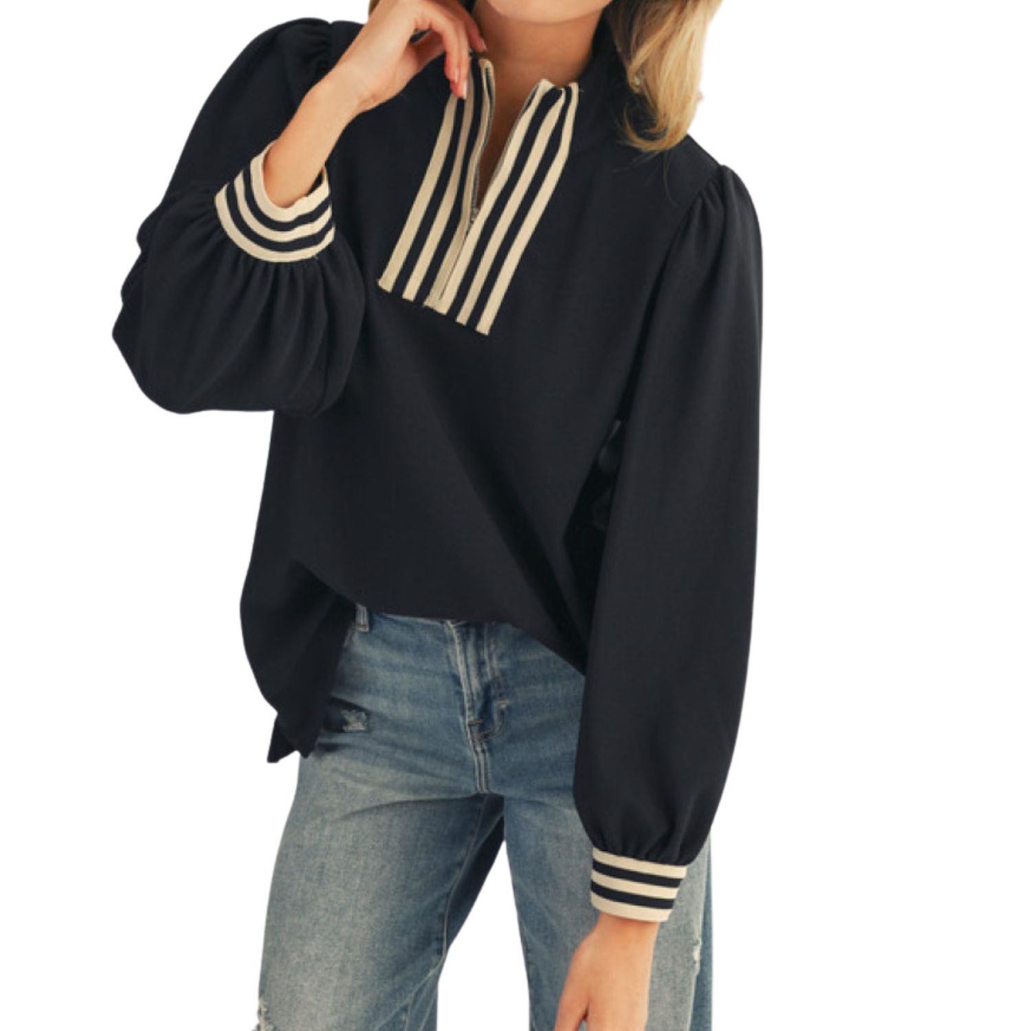 Striped Trim Popover Blouse | Black
