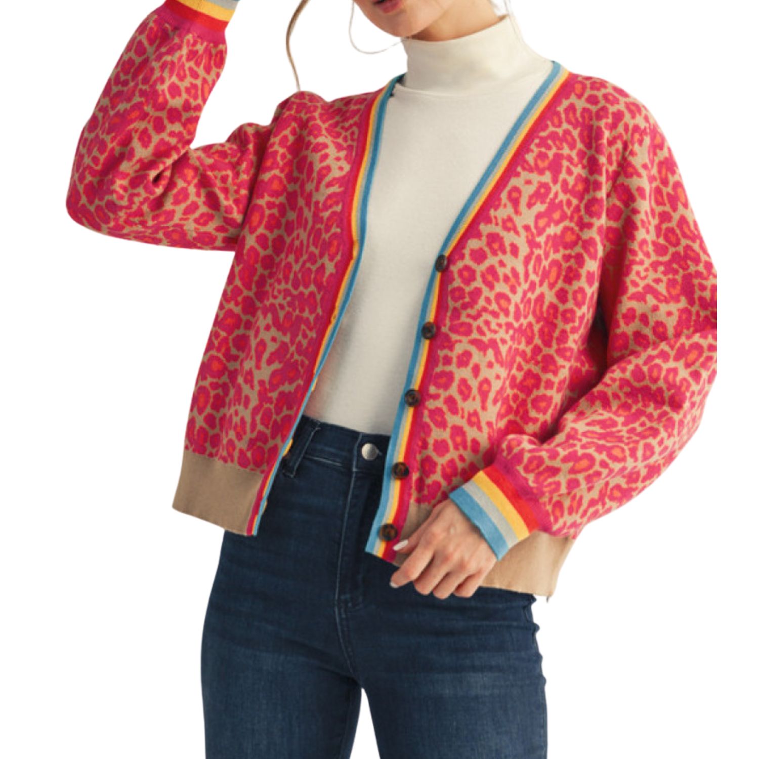 Rainbow Trim Leopard Cardigan | Hot Pink