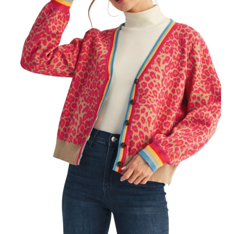 Rainbow Trim Leopard Cardigan | Hot Pink