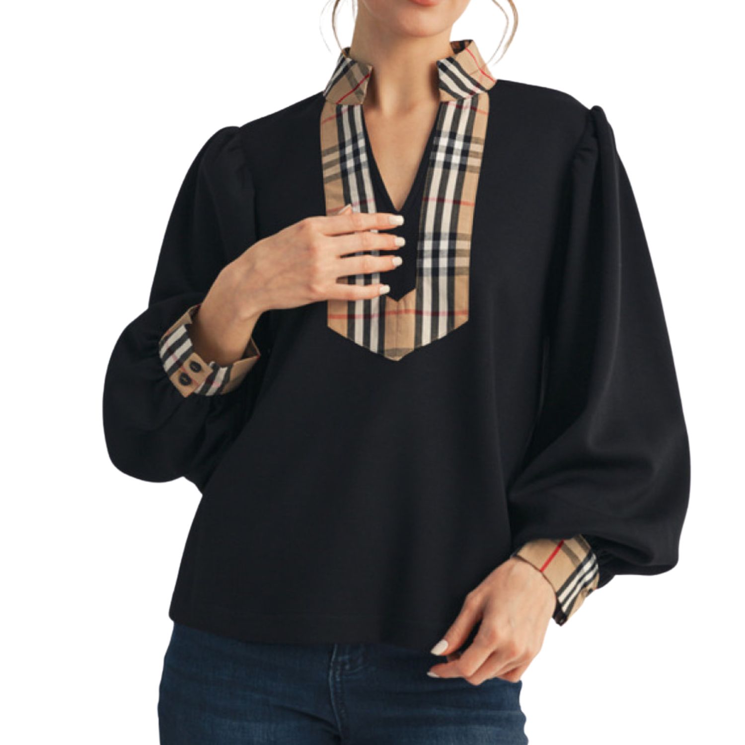 Plaid Trim Popover Blouse | Black