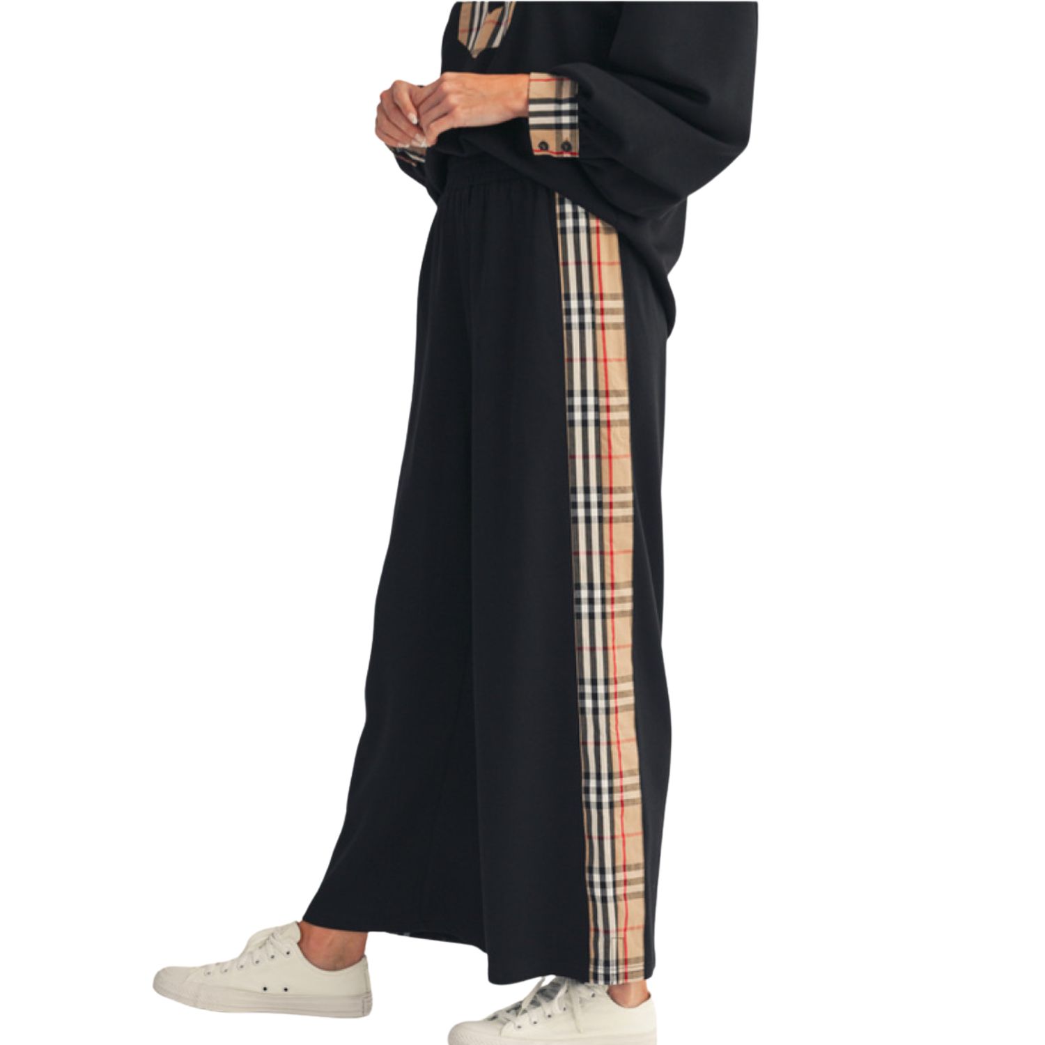 Plaid Side Stripe Wide Leg Pants | Black