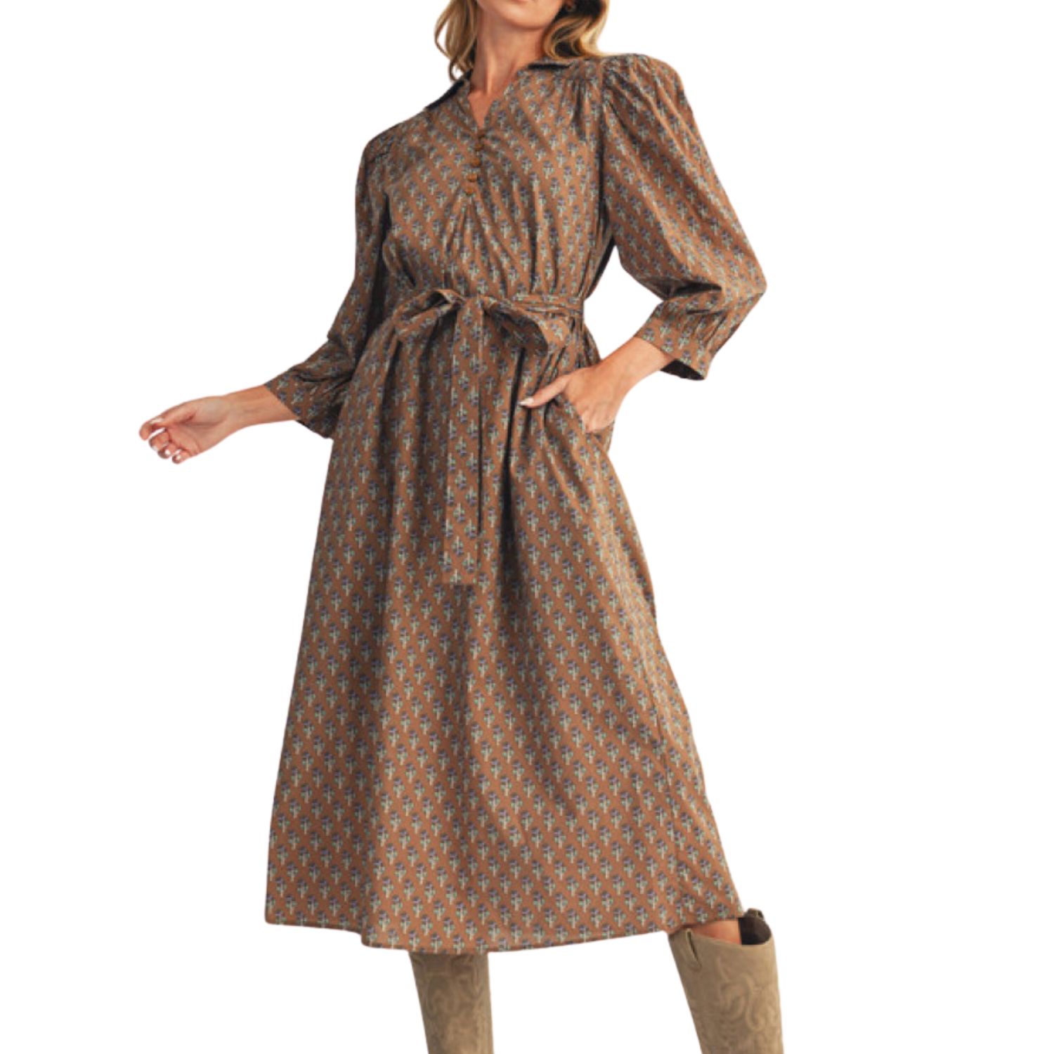 Printed Belted Midi Dress | Rust &amp; Blue Floral