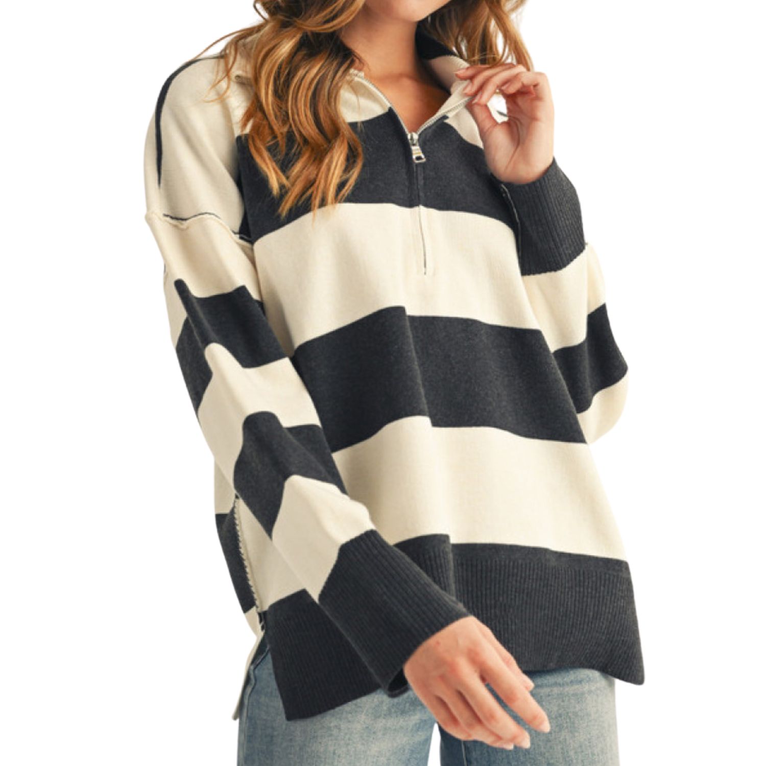 Striped Quarter-Zip Sweater | Black &amp; Cream