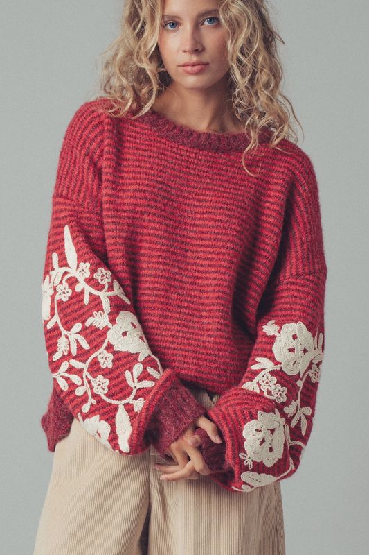 Striped Embroidered Sleeve Sweater- Crimson